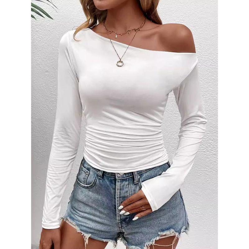 Solid Color Slanted Neck Long Sleeved Top Solid Diagonal Collar Long sleeve Top Women