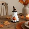 Handcrafted Ghost Ornament Halloween Figurine with Witch Hat, Cute Small Resin Decorative Holding Pumpkin Statue for Home Table Shelf Desk Decor