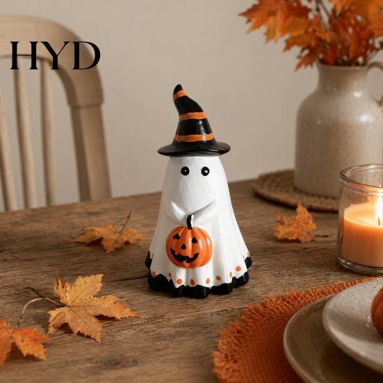 Handcrafted Ghost Ornament Halloween Figurine with Witch Hat, Cute Small Resin Decorative Holding Pumpkin Statue for Home Table Shelf Desk Decor