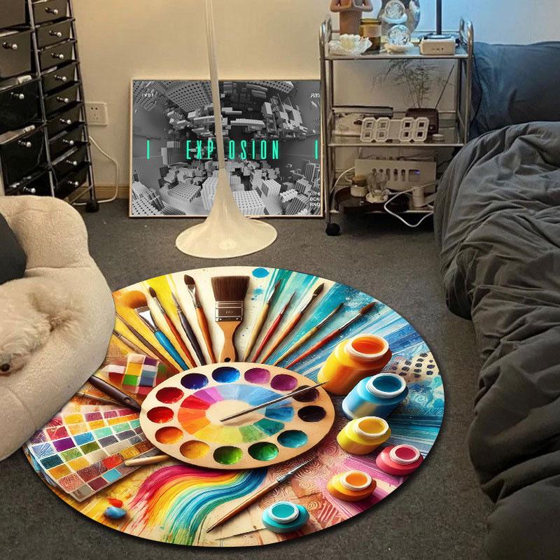 Playful Round Stained Glass Multicolor Rug Pad, Non-Slip Floor Mat for Dining Room