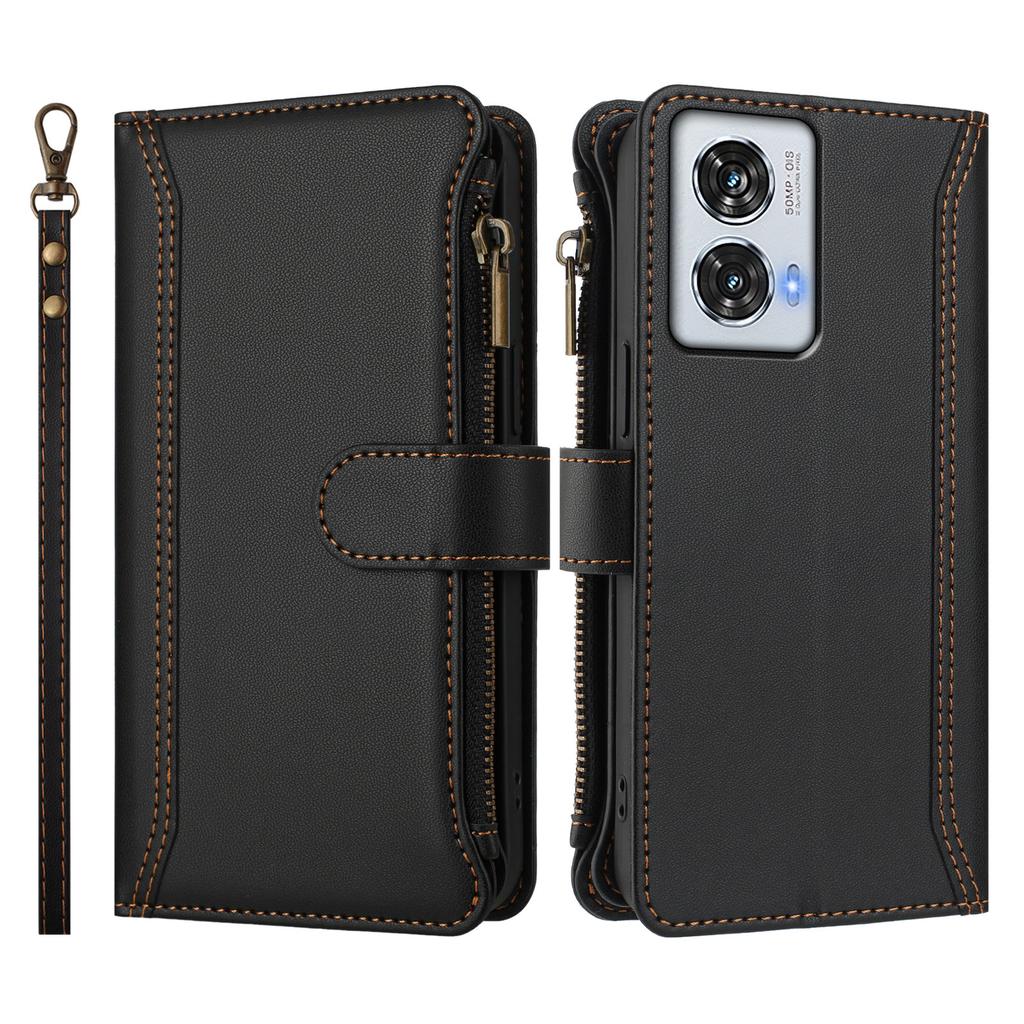For Motorola Moto G85 5G/Motorola Edge 50 Fusion 5G Leather Case 9 Card Slots Zipper Wallet Stand Phone Cover with Wrist Strap