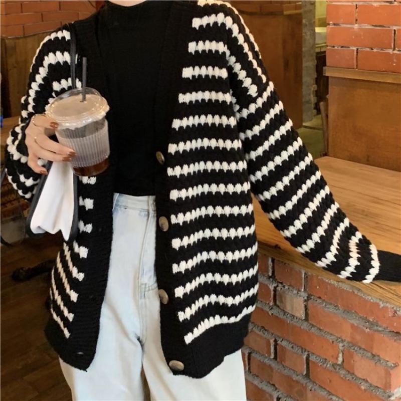 Korean Version Striped Sweater Cardigan Jacket Women Spring and Autumn Westernized Loose and Versatile Outerwear Top Sweater
