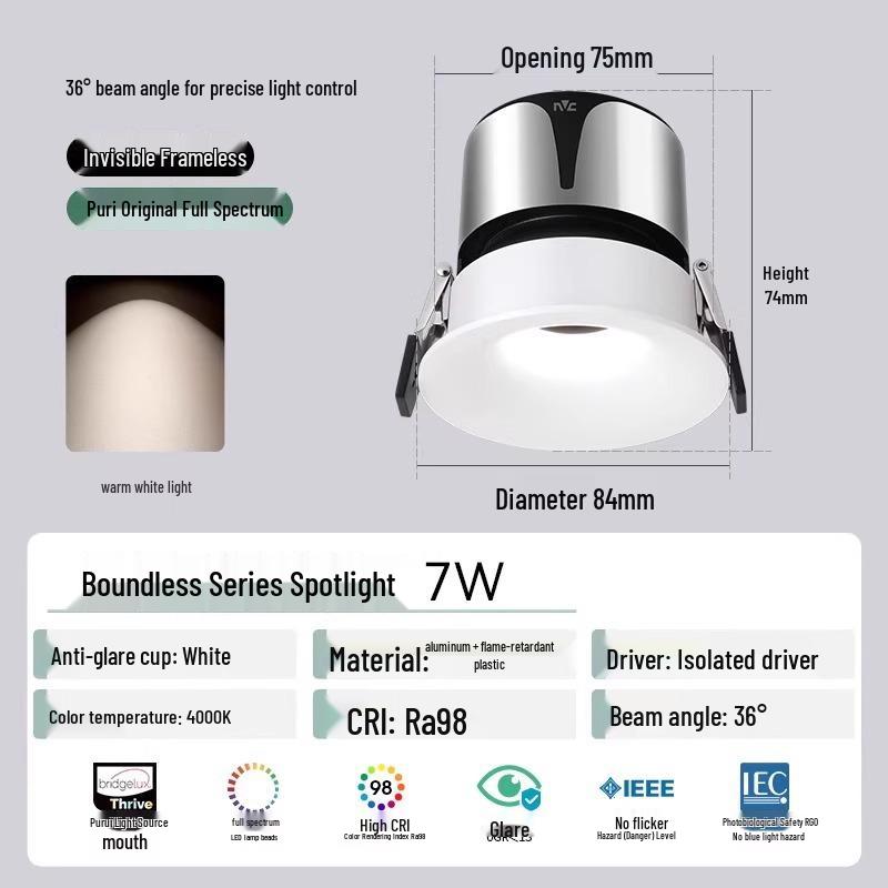 NVC Lighting Frameless LED Spotlight - Anti-Glare, Full Spectrum, Wall Washer, Recessed for Living Room