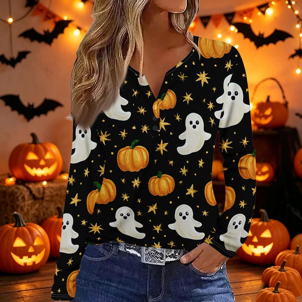 Womens Casual Halloween Print V Neck Long Sleeve Button Detail Top Lightweight Stretchy Fabric Comfortable Fit