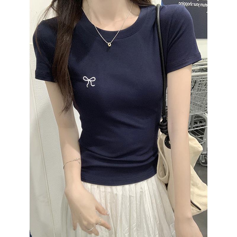 Bow Embroidered T-shirt Summer Student Round Neck Bottom Top
