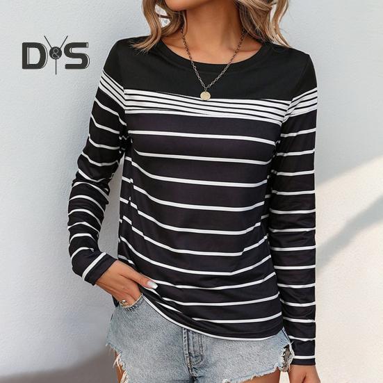 

Женская футболка с круглым вырезом и длинным рукавом, свободный крой, полосатый принт, мягкий эластичный пуловер, топы на каждый день S чёрный