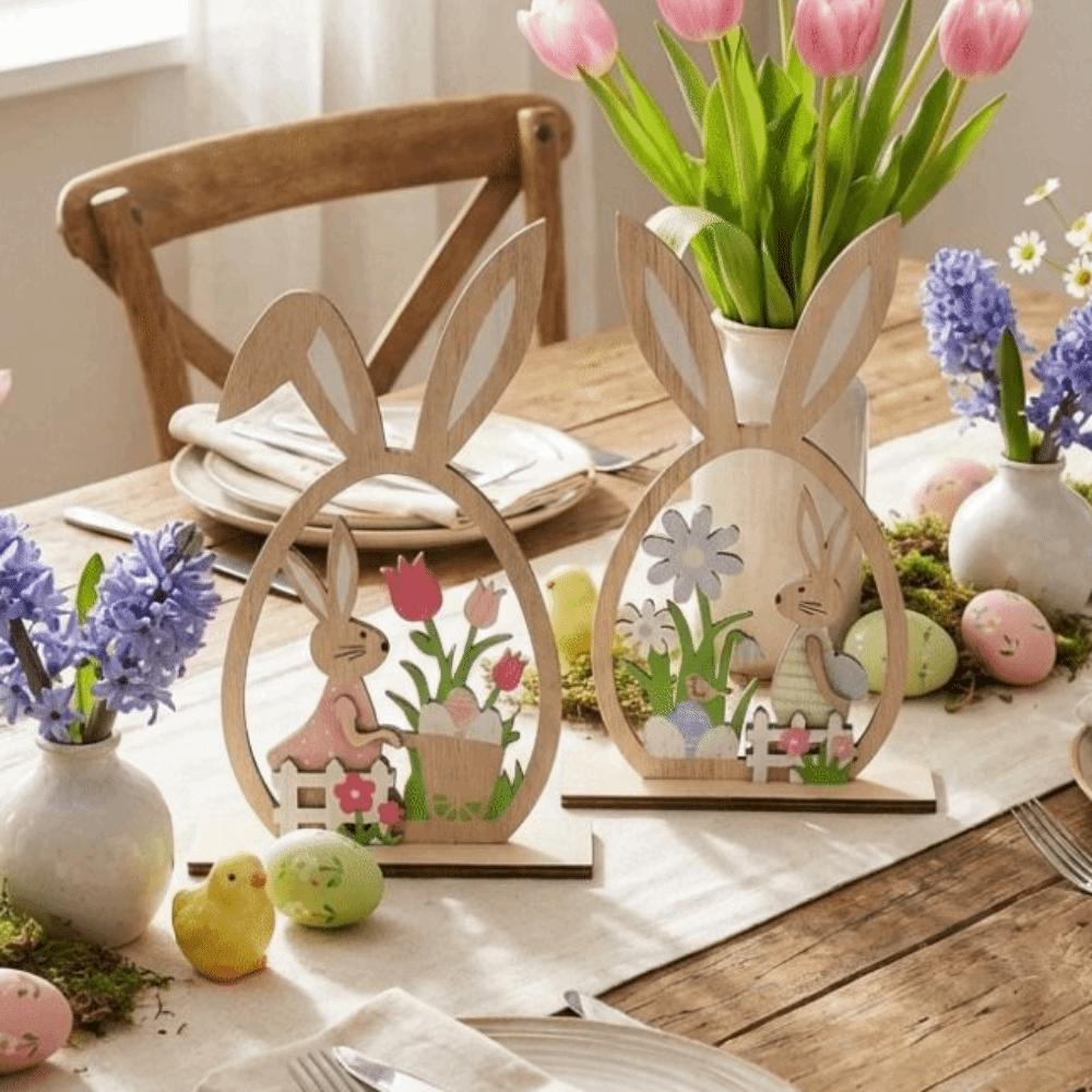 2Pcs Flower Easter Bunny Ornament Farmhouse Rustic Bunny Desktop Decorative  Spring Festival