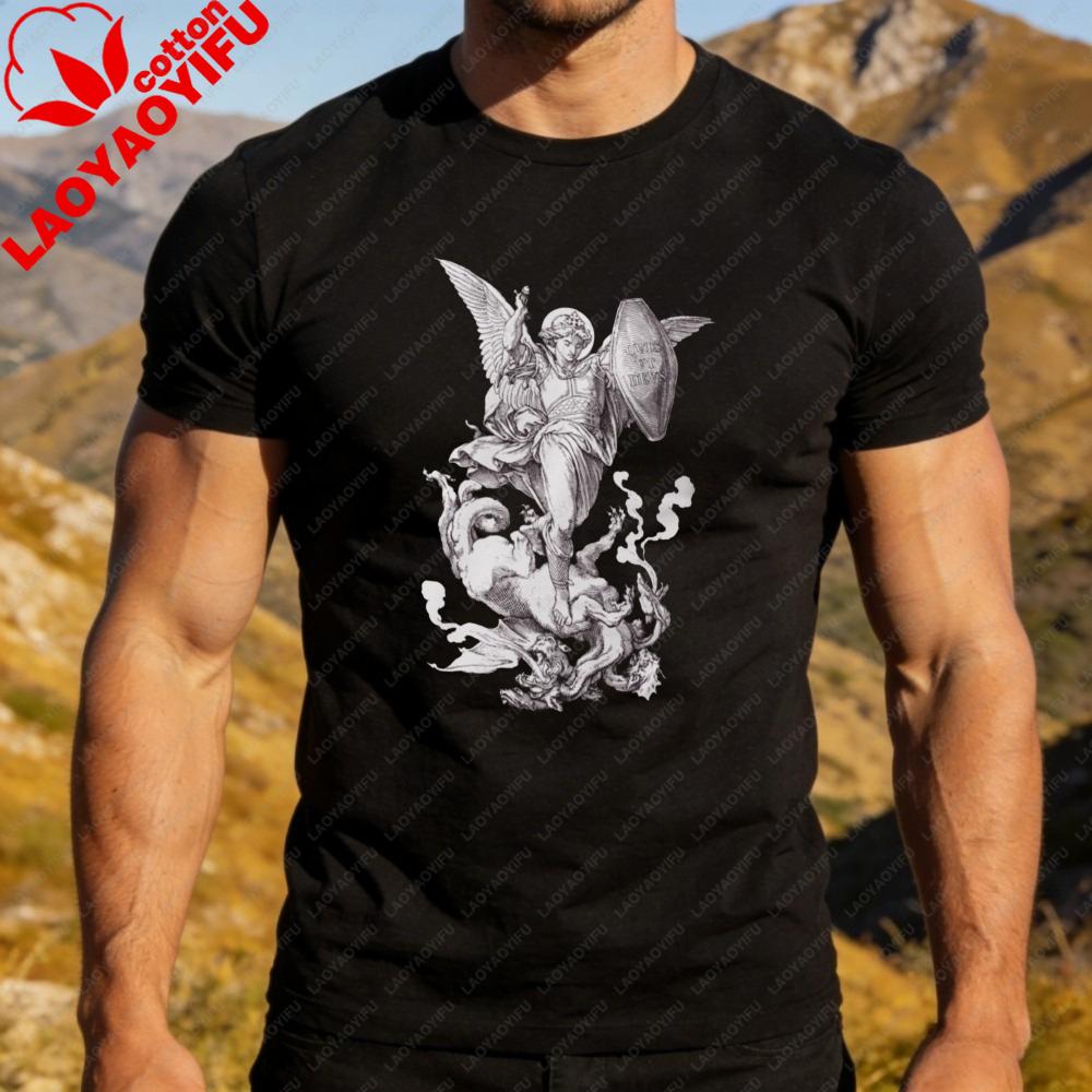 St Michael Archangel Graphic TShirt Latin Phrase Christian Faith Casual Daily Outfit Minimal Style Men Summer Cotton Tops S