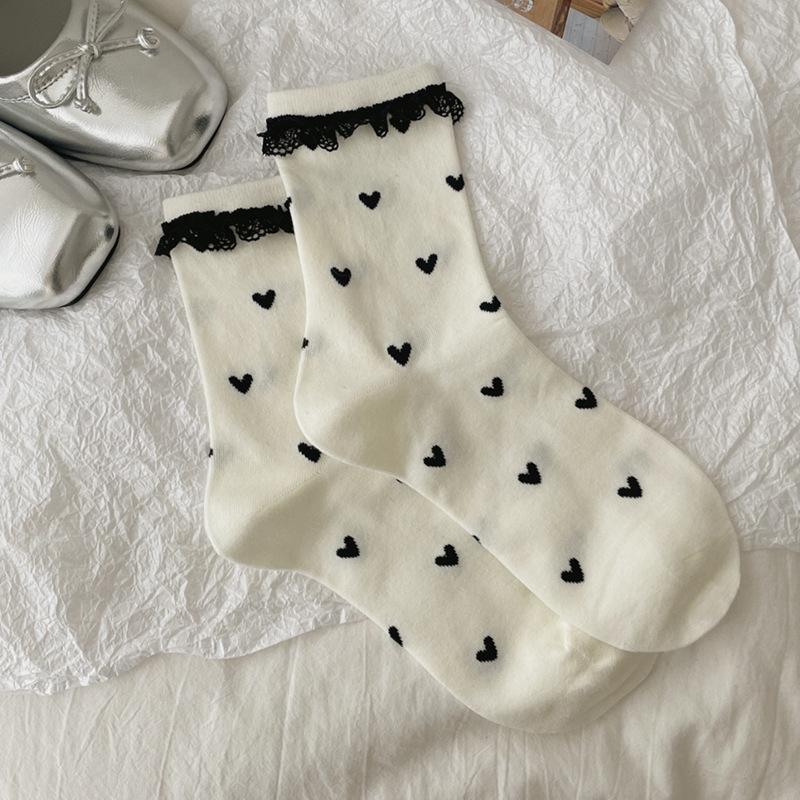 Casual lazy versatile lace tube socks miu bow polka dots stacked through stacked cotton socks one size fits all