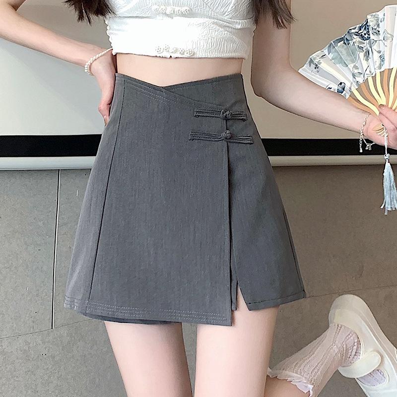 

Женские брюки-юбка с высокой талией в стиле ретро с пуговицами-лягушками - Неровный подол, Универсальный миди-дизайн, Летний стиль, Юбка-бодикон с разрезом XS