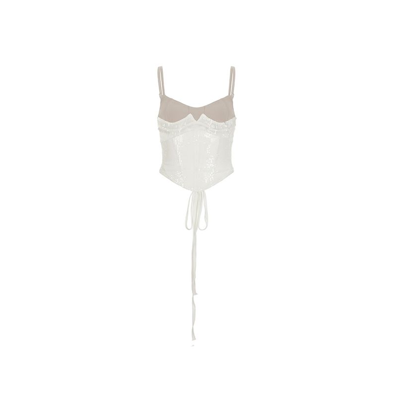 H Home European and American Women's Clothing Ins Fancy Contrast Colors False-Two-Piece Split Waist Strap Backless Lace Up Sequin Corset