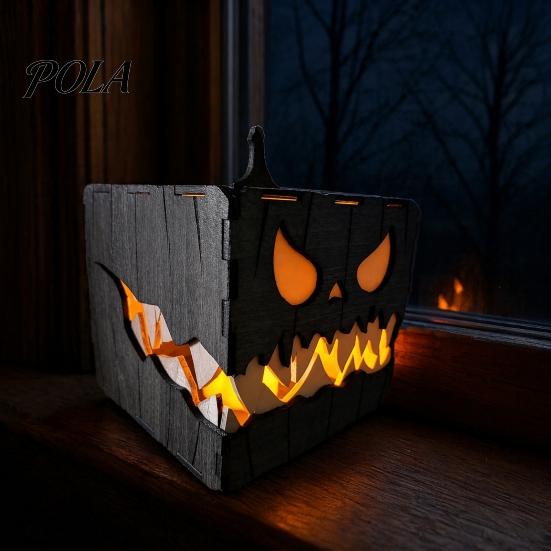 Dark Atmosphere Party Props Halloween Wooden Pumpkin Candle Holder, Jack O Lantern Demon Face Box Night Light Decor, Tabletop Centerpiece for