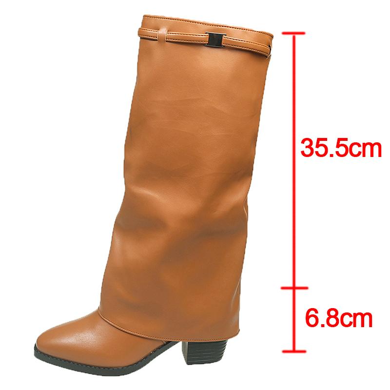 

Fashion Fashion Chunky Heel Knee High Boots for Women Pointed Toe PU Leather Long Botas Mujer 2025 Autumn Slip On Fold Over Pants Boots 43 коричневый