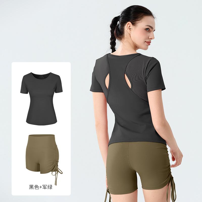 European and American spring and summer mesh splicing yoga suit women's short-sleeved tight fitness suit breathable quick-drying sportswear