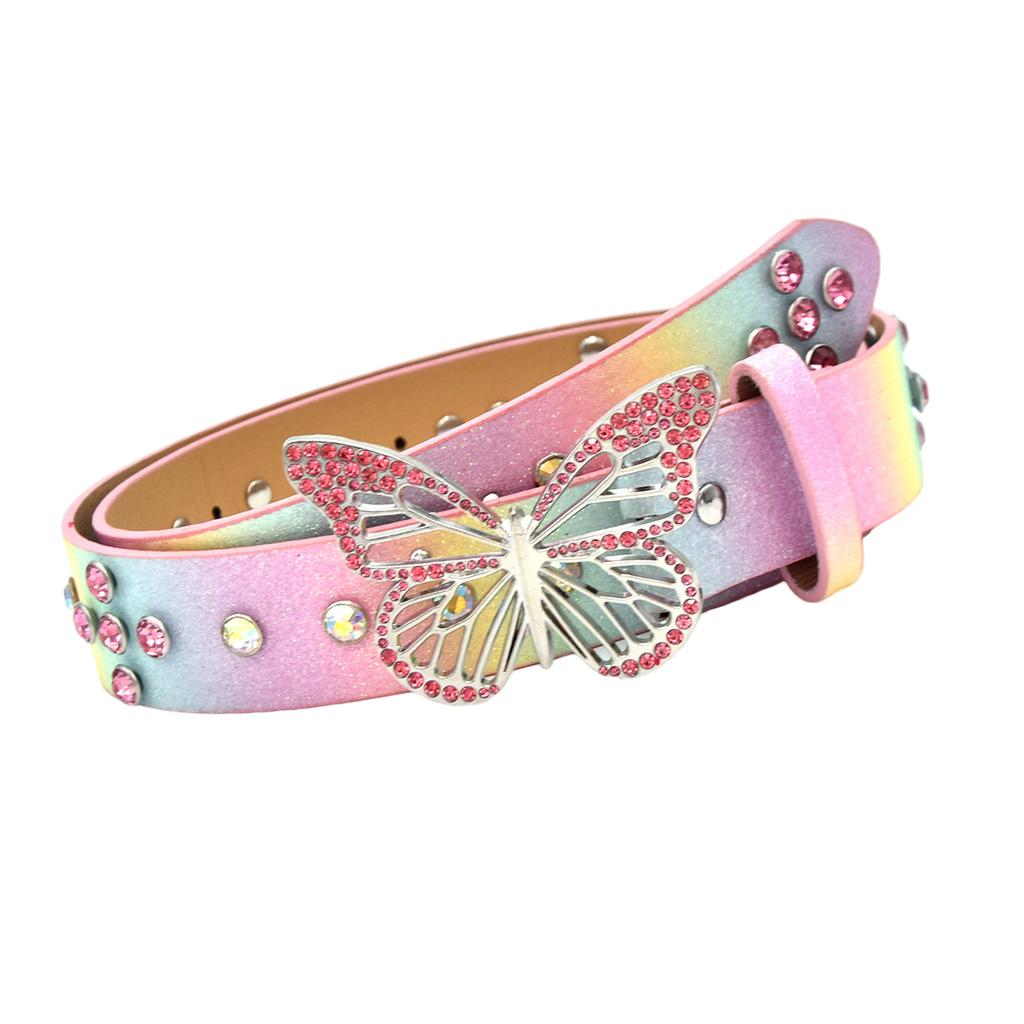 Elegant PU Leather Belt with Sparkling Rhinestones Butterfly Metal Fastener for Women Casual Wear Jeans Pants Waistband