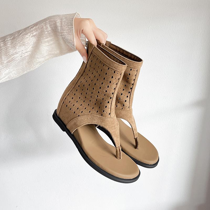 

Heightened Inner Hollow Toe Cool Boots for Women 2026 Summer New Suede Rear Zip Herringbone Boots 35 хаки