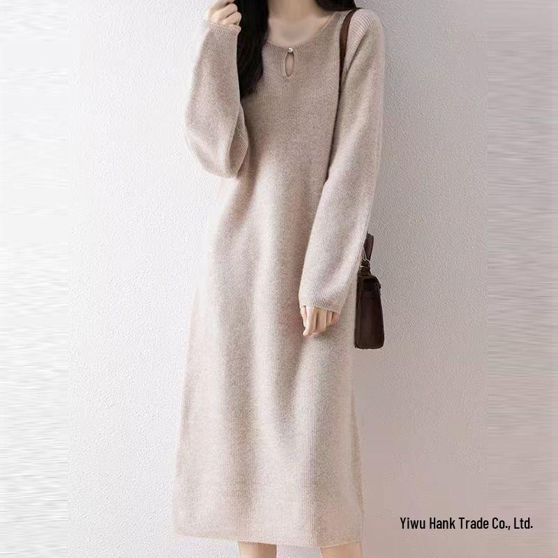 Solid Color Knitted Sweater Dress - Round Neck, Mid-Length, Loose Fit, Slimming, Fashionable for Spring and Autumn
