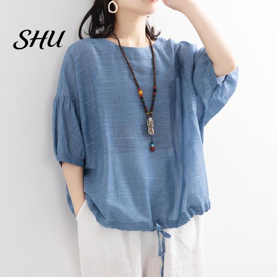 Summer Casual T-shirt Women O-Neck 3/4 Batwing Sleeve Pullover Blouse Tops Solid Color Loose Fit Streetwear Shirt