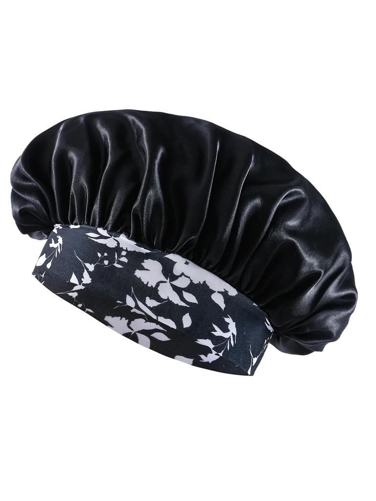 Women'S Fashion Bonnet Flower Printed Hair Hat With Wide Edge Elastic Silk Smooth Satin Face For Daily Home Sleep Hat