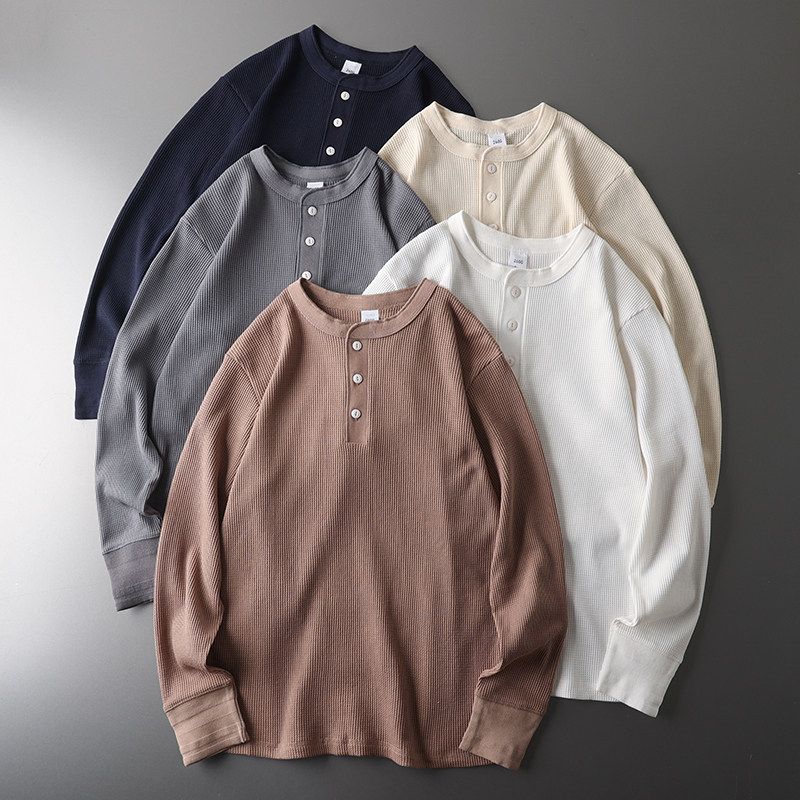 American Style Retro Heavy-Weight Waffle Pattern Long Sleeves Henley Shirt