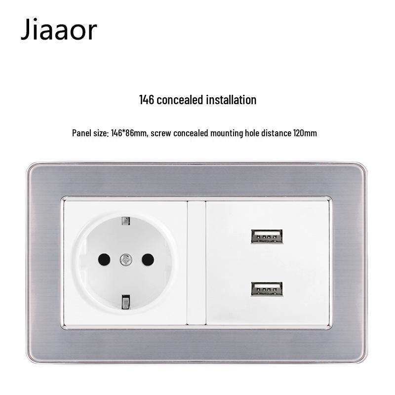 Padrão Europeu Tipo 86 Painel de Interruptor e Tomada de Parede Duplo em Aço Inoxidável com USB-C, Estilo Alemão, Montagem de Parede Embutida.
