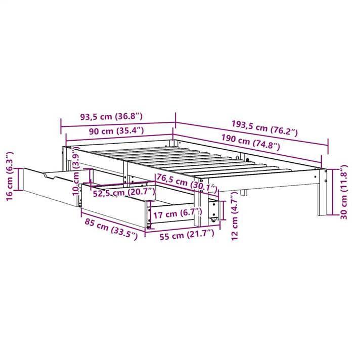 VidaXL Cadre de lit avec tiroirs blanc 90x190 cm bois pin massif, sommier, cadre de lit double, cadre de lit en bois massif 3301935