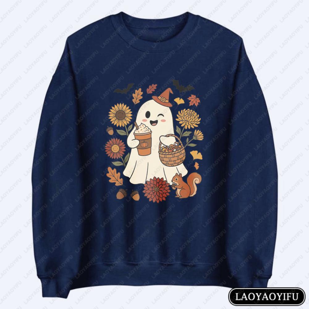 Cute Ghost Pumpkin Spice Latte Pullovers Cozy Halloween Sweatshirt Retro Fall Season Hoodie Autumn Sunflowers Spooky Season Gift