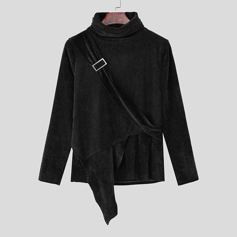 

INCERUN Autumn Men Casual Turtleneck Long Sleeve Ruffled Irregular Layers T-shirts Undershirts L чорний