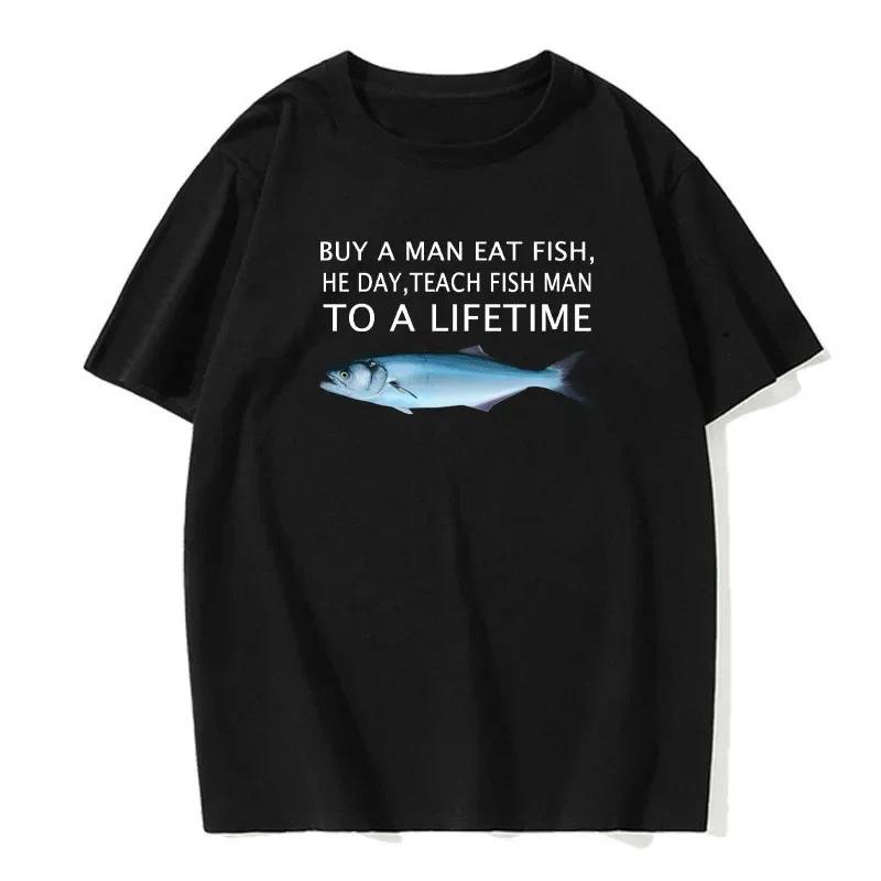 Black and White Men's T-shirt Fishing Teaching Creative Print Round Neck Short Sleeves