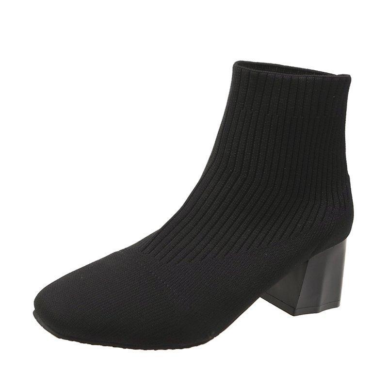 Fashion Stretch Sock Boots For Women Boots 2025 Square Heel Yellow Knitting Shoes Elastic Cottton Boots Lady Footwear