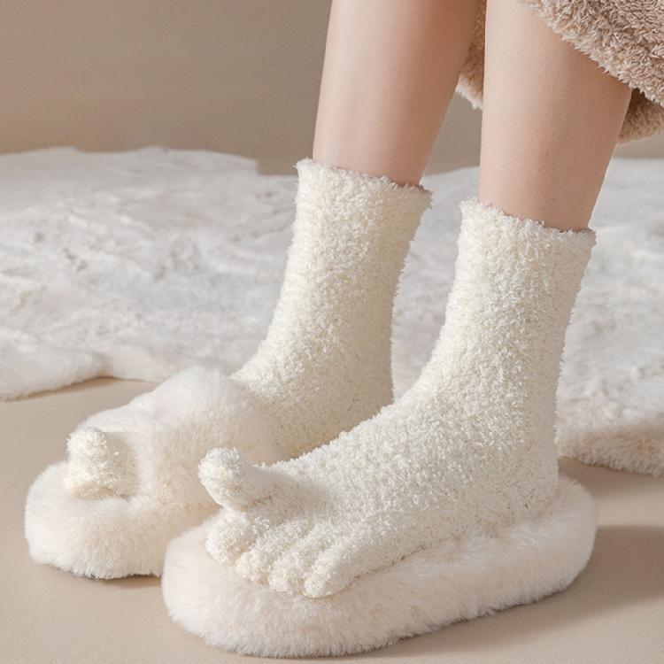 Womens Fuzzy Plush Slipper Socks Warm Coral Fleece Solid Color Five Finger Socks