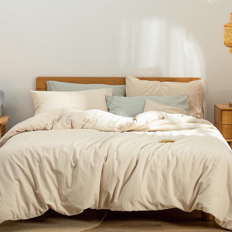 

Nordic Thick Cotton Solid Color Bedding Sets All Season Universal Striped Printed Duvet Cover Kit King Queen Double Bed Linens 1.5-1.8m 4pcs set бежевий