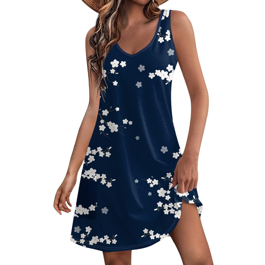 Women's Casual Sundress With Pockets Summer Boho Beach Dress Floral Blouses For Women T-Shirts Dress V Neck Loose Tank Dresses