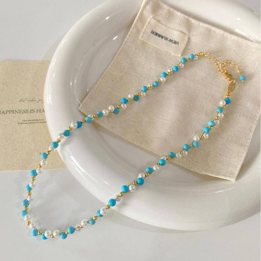 Vintage Style French Blue Turquoise Pearl Beaded Necklace – Exquisite & Versatile Collarbone Accent