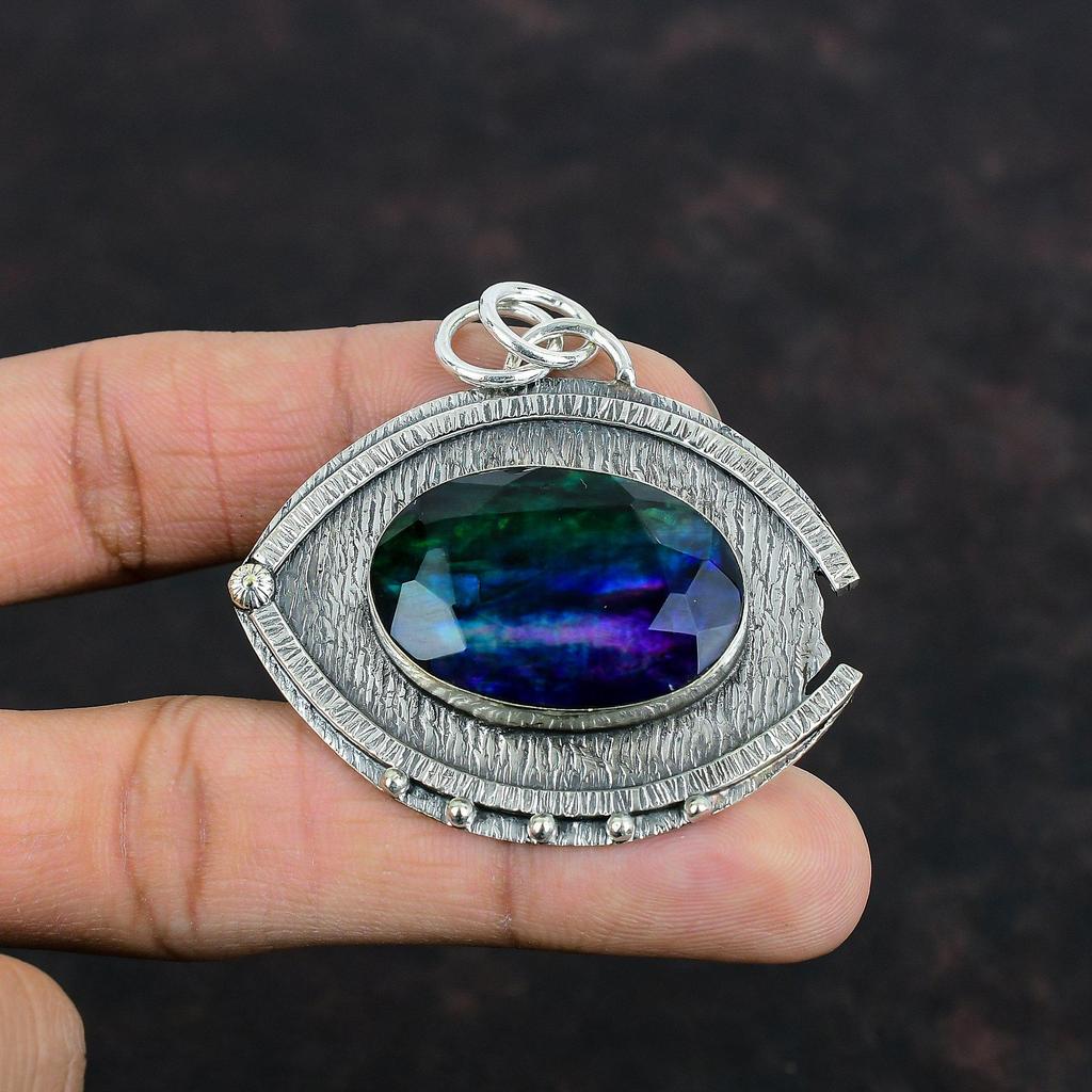 Faceted Ammolite Pendant Genuine Gemstone Jewelry Handmade Pendant 925 Sterling Silver Pendant Designer Jewelry Statement Pendant For Gifts