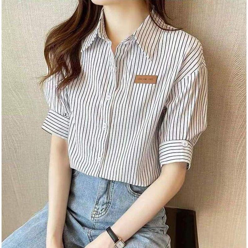Versatile Simple Five-point Sleeve Pure Cotton Striped POLO Collar Shirt Temperament Foreign Style Design Light Job Loose Tide