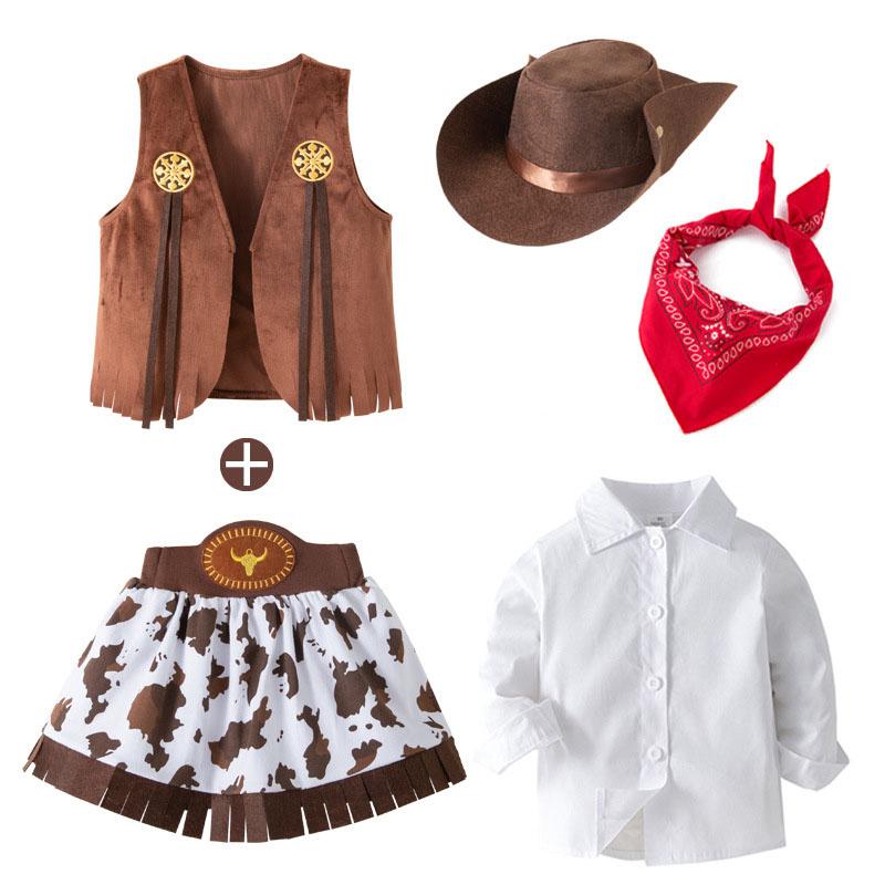 Cowboy Kostuum voor Meisjes Poerim Halloween Peuter Kind Cowgirl Cosplay Vest Rok Feest Verkleedfeest Carnaval Verjaardagskleding 8-10 Years Old brown