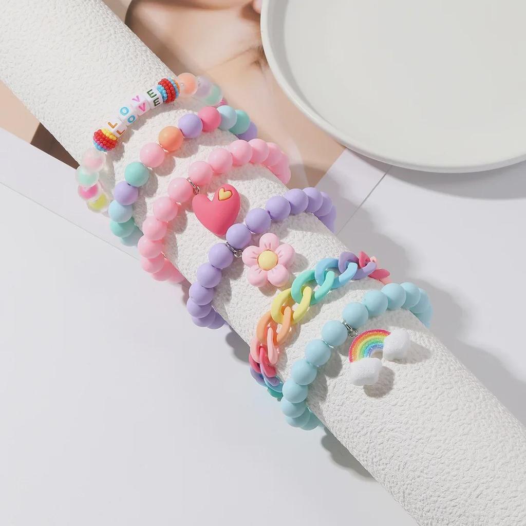 Bohemian Pink Heart Letter & Colorful Bead Bracelet Set