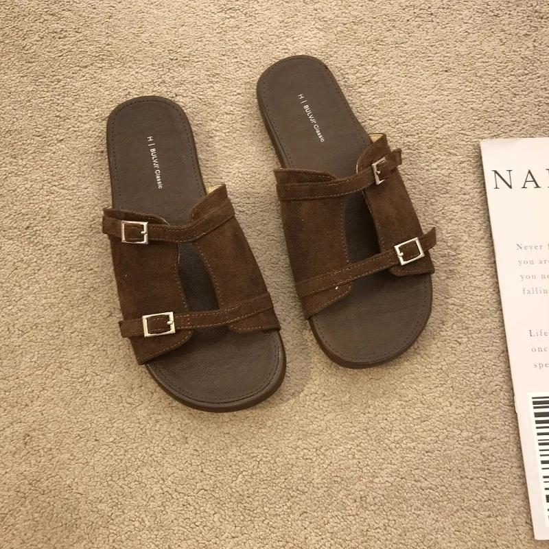 

Fashion 2025Summer New Women Open-toe Flat Slippers Fashion Simple Causal Slip-on Shoes Soft Soled Non-slip Cut-outs 35 кофейный