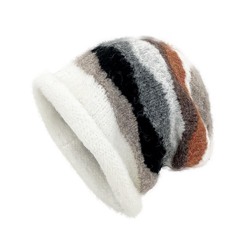 Korean Contrasting Striped Wool Hat for Women In Autumn and Winter New Warm Ear Protection Pile Hat Cold Hat Showing Face Small Knit Hat