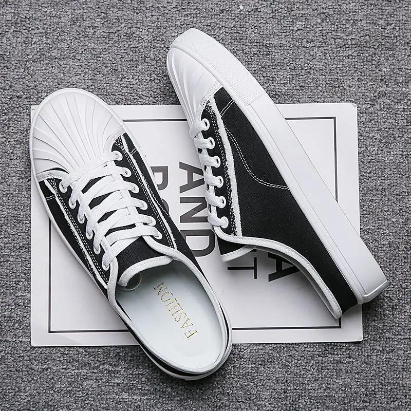 Men's Shoe Mules Half Canvas Slides Rubber Flat Male Slipper Y2k High Quality Cheap Shoes Liquidation Clappers 2025 Fun