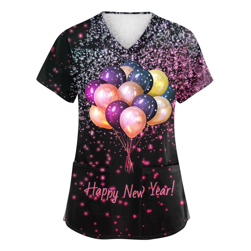 Damenmode Bedruckte Kurzarm-Oberteile mit V-Ausschnitt und Muster, Taschen, Arbeits-T-Shirts