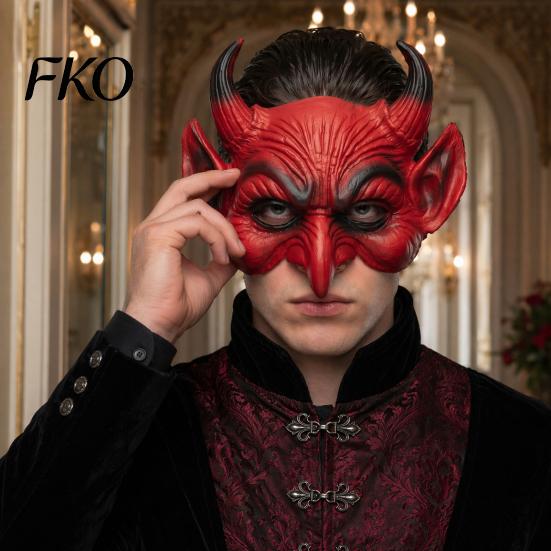 Eng Halloweenmasker Demon Schuim voor Volwassenen, Rood Half Professioneel Niveau Horror Gezicht Duivel Maskerade Accessoires met Hoorn Cosplay Kostuum Zacht Dun