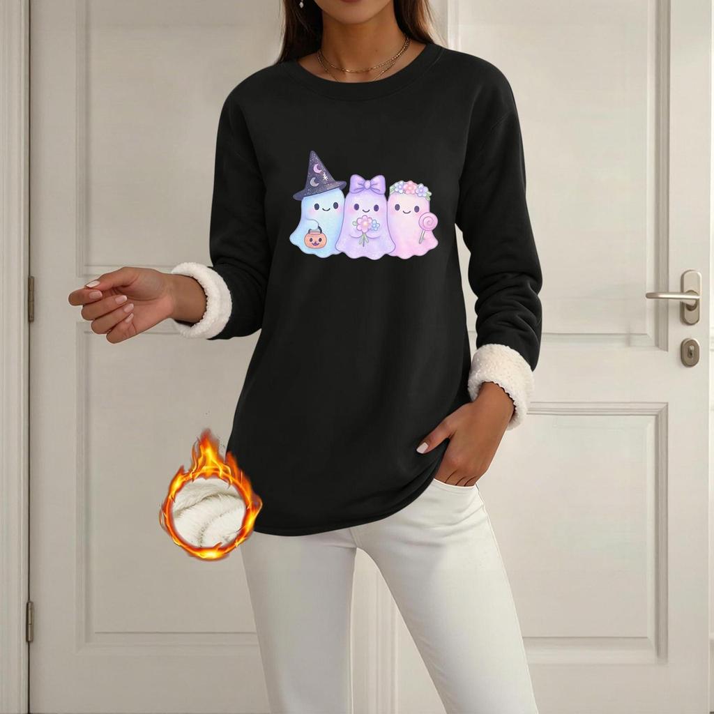 Women's Halloween Print -Lined Long Sleeve Round Neck Sweatshirt for Winter Casual Wear