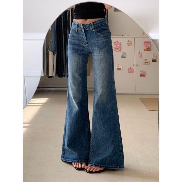 Retro Spicy Girl Low-Waist Bamboo Micro-Flare Jeans for Women - Autumn Floor-Length XS