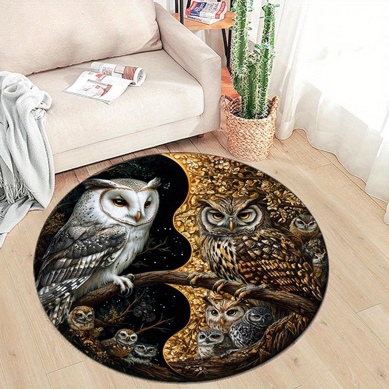 Soft Polyester Owl Print Round Rug - Non-Slip Home Decor Mat for Bedroom & Living Room, Crystal Velvet, Intricate Owl Design on Tree Branch