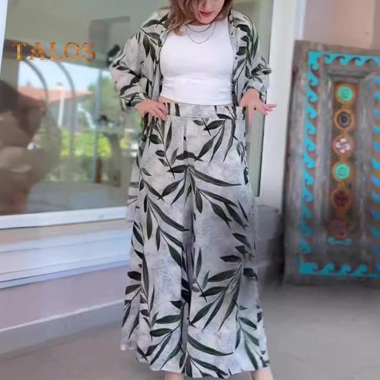 2-teiliges Set mit Hemd und Hose für Damen, Umlegekragen, einreihig, Blätterdruck, lange Ärmel, lockeres Oberteil in mittlerer Länge, elastische Taille, Hose mit weitem Bein, Sport