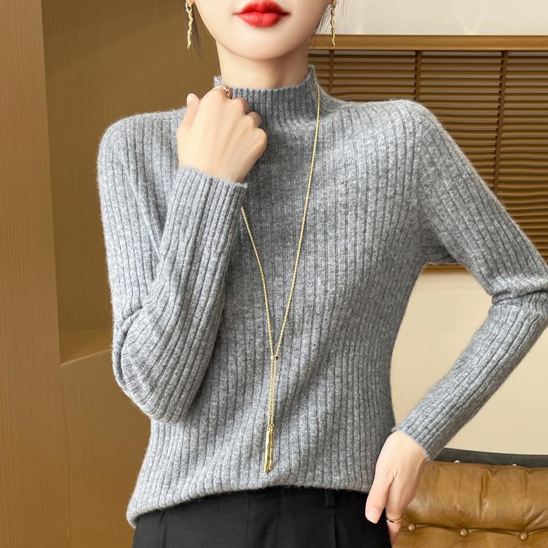 Half-high Neck Pit Stripe Sweater Women Fall and Winter Warm Inner Slim Thin Knit Sweater Bottoming Shirt