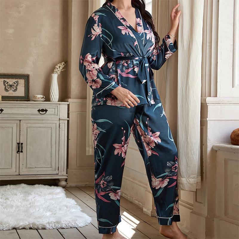 Plus Size Pajamas Women's Cardigan Tie Sleeping Robe Sleeping Pants Suit Casual Loose Home