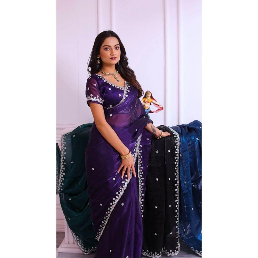 Latest New Wedding Wear Saree Heavy Embroidery Real Wal & Moti With Sequence Work*